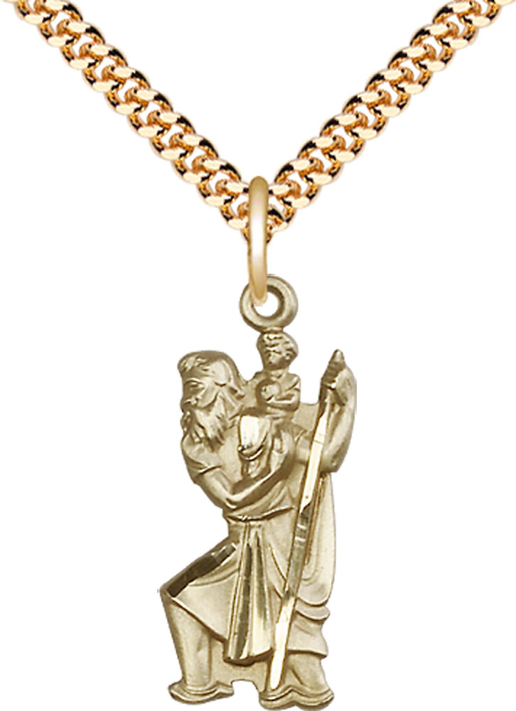14kt Gold Filled Saint Christopher Pendant on a 24 inch Gold Plate Heavy Curb chain