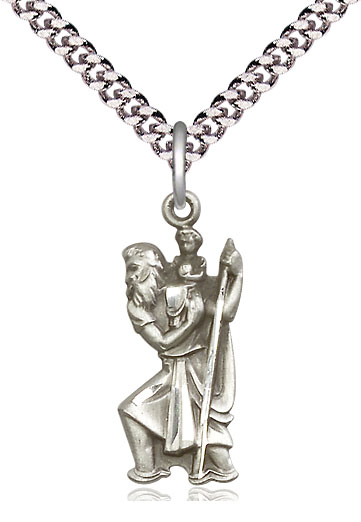 Sterling Silver Saint Christopher Pendant on a 24 inch Light Rhodium Heavy Curb chain