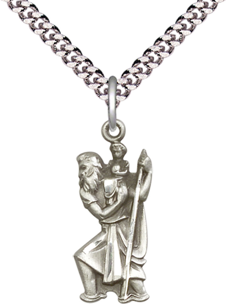 Sterling Silver Saint Christopher Pendant on a 24 inch Light Rhodium Heavy Curb chain