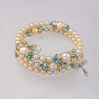 Spiral Rondelle Rosary Bracelet - Aqua/Pearl