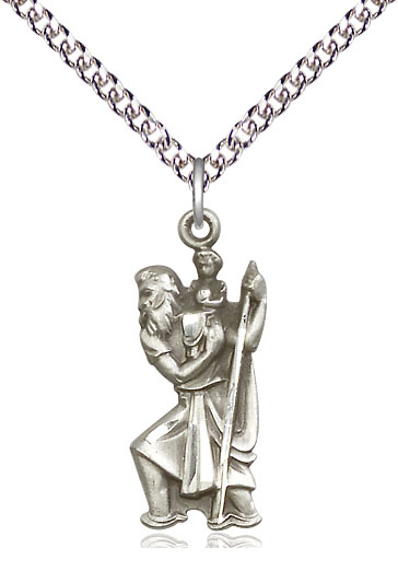 Sterling Silver Saint Christopher Pendant on a 24 inch Sterling Silver Heavy Curb chain