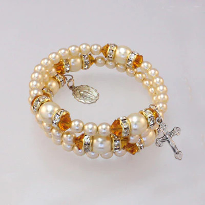 Spiral Rondelle Rosary Bracelet - Topaz/Pearl