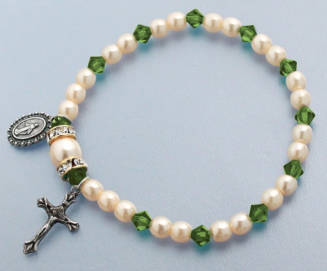 Rosary Bracelet Stretch Peridot/Pearl
