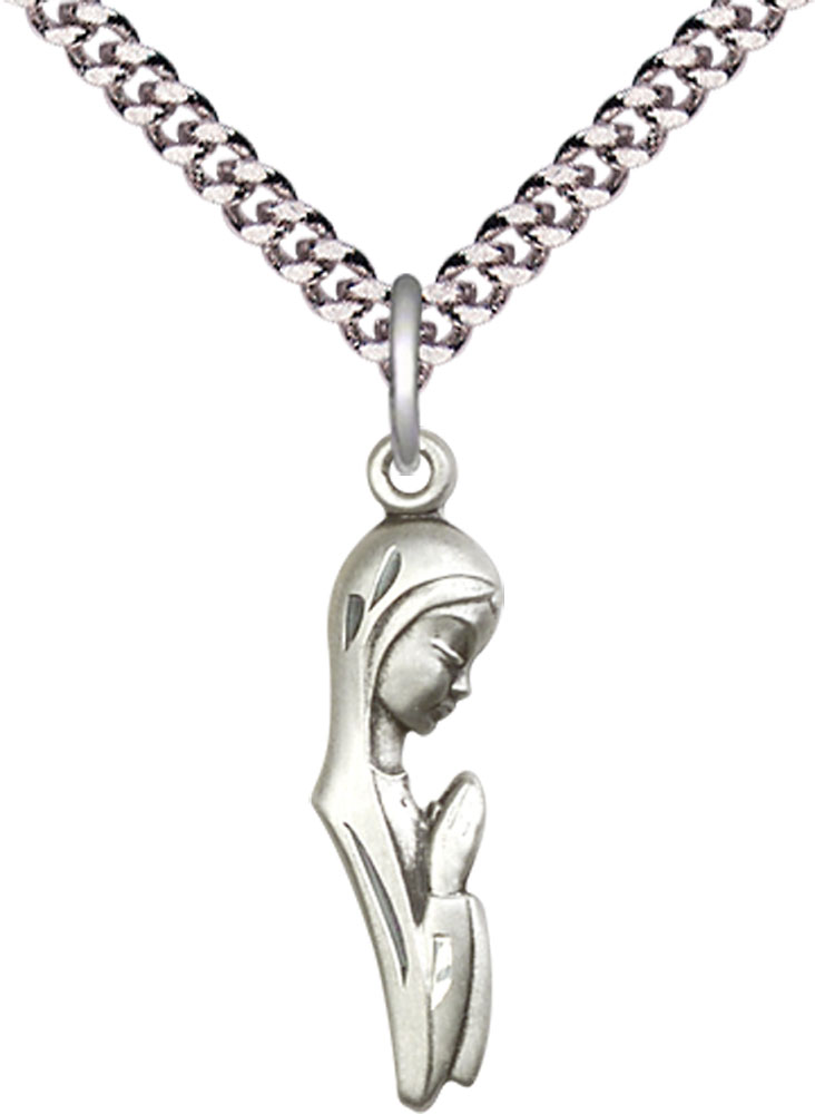Sterling Silver Madonna Pendant on a 24 inch Light Rhodium Heavy Curb chain