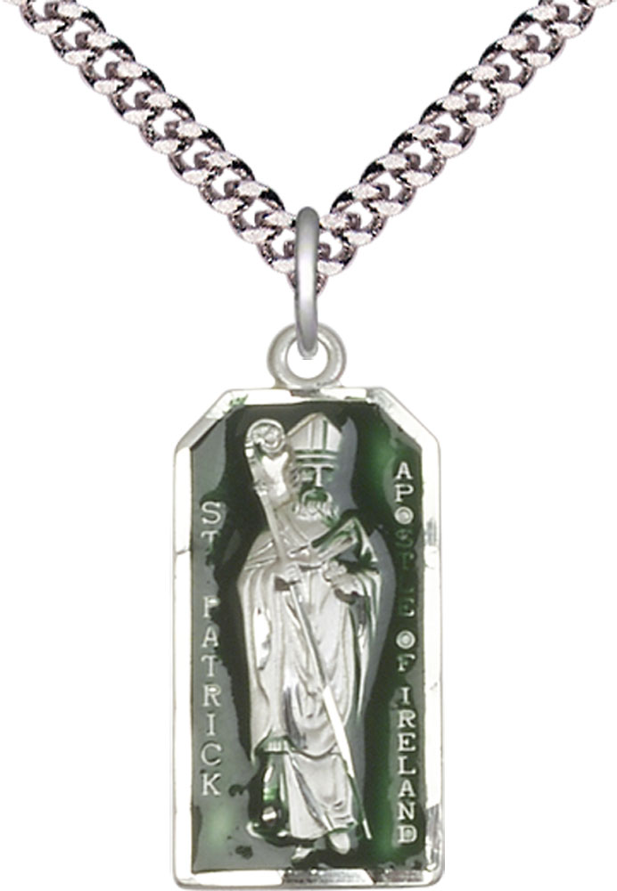 Sterling Silver Saint Patrick Pendant on a 24 inch Light Rhodium Heavy Curb chain