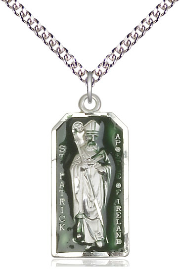 Sterling Silver Saint Patrick Pendant on a 24 inch Sterling Silver Heavy Curb chain