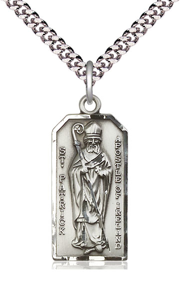 Sterling Silver Saint Patrick Pendant on a 24 inch Light Rhodium Heavy Curb chain