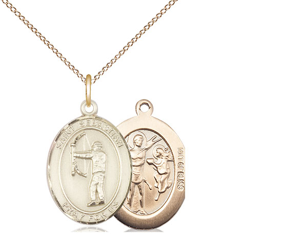14kt Gold Filled Saint Sebastian Archery Pendant on a 18 inch Gold Filled Light Curb chain