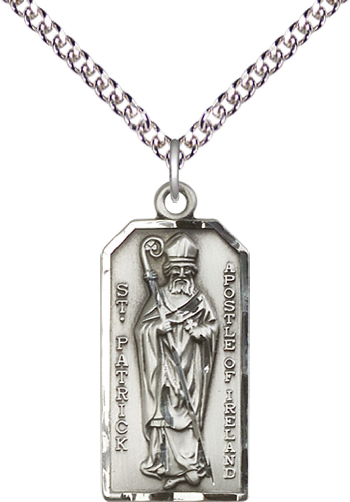 Sterling Silver Saint Patrick Pendant on a 24 inch Sterling Silver Heavy Curb chain