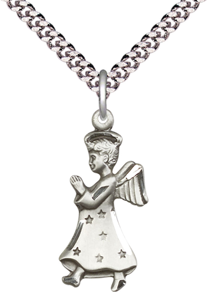 Sterling Silver Angel Pendant on a 24 inch Light Rhodium Heavy Curb chain