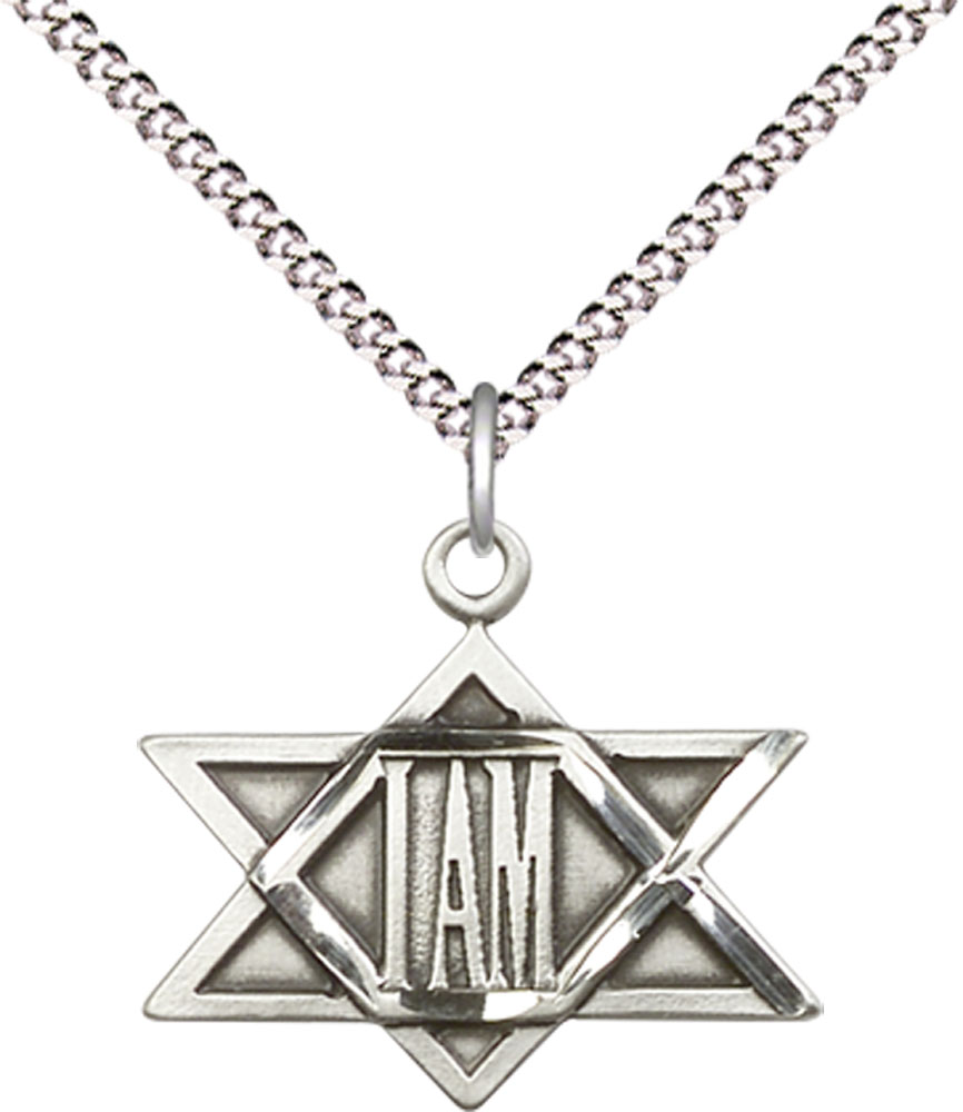 Sterling Silver I Am / Star of David Pendant on a 18 inch Light Rhodium Light Curb chain