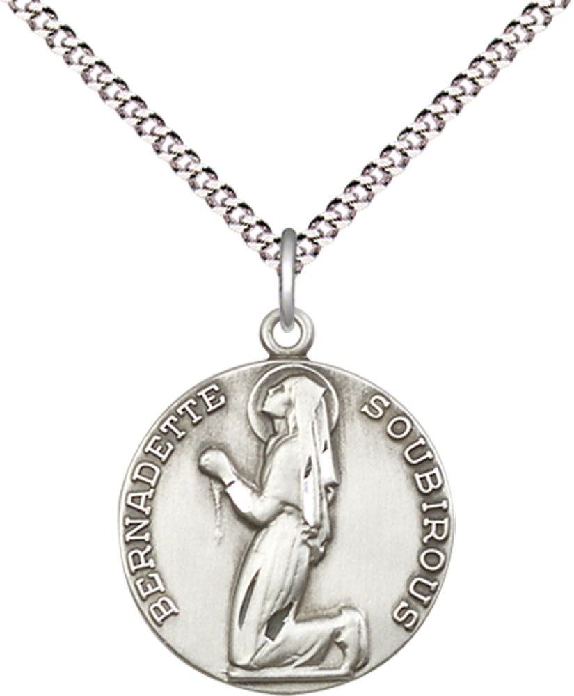 Sterling Silver Saint Bernadette Pendant on a 18 inch Light Rhodium Light Curb chain