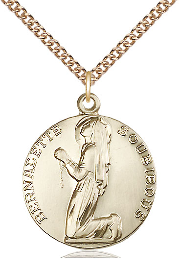 14kt Gold Filled Saint Bernadette Pendant on a 24 inch Gold Filled Heavy Curb chain