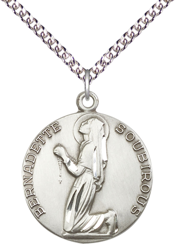 Sterling Silver Saint Bernadette Pendant on a 24 inch Sterling Silver Heavy Curb chain
