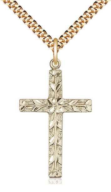 14kt Gold Filled Cross Pendant on a 24 inch Gold Plate Heavy Curb chain