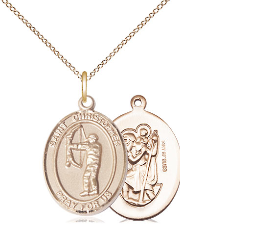 14kt Gold Filled Saint Christopher Archery Pendant on a 18 inch Gold Filled Light Curb chain