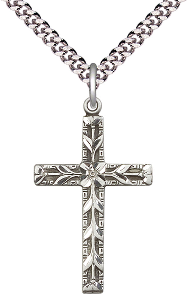Sterling Silver Cross Pendant on a 24 inch Light Rhodium Heavy Curb chain