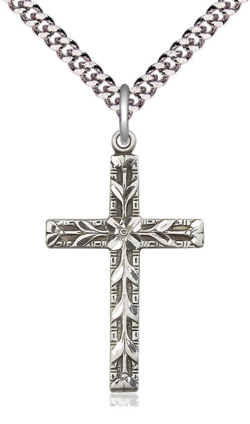 Sterling Silver Cross Pendant on a 24 inch Light Rhodium Heavy Curb chain