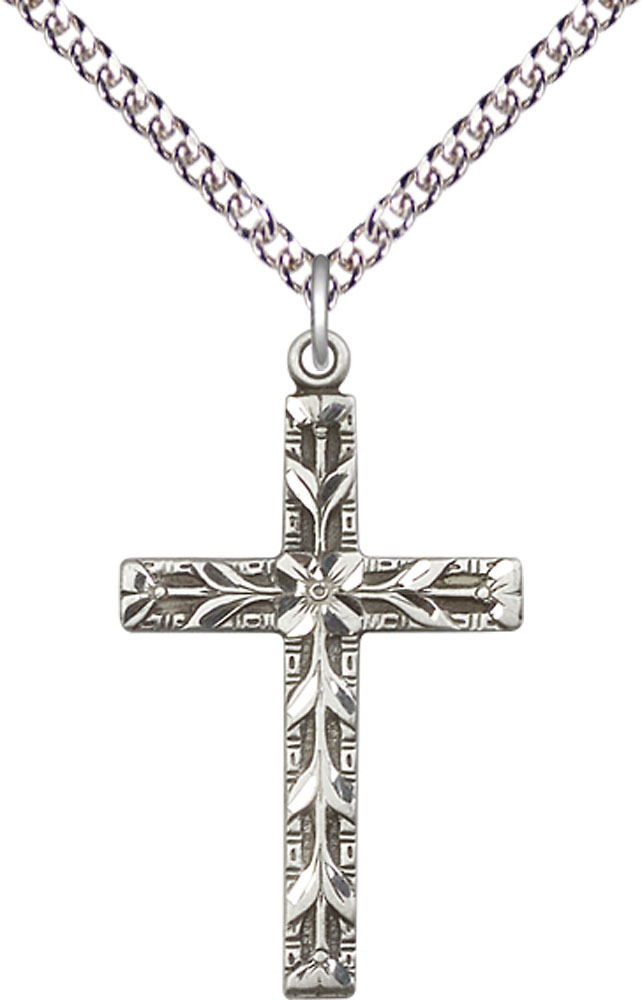 Sterling Silver Cross Pendant on a 24 inch Sterling Silver Heavy Curb chain