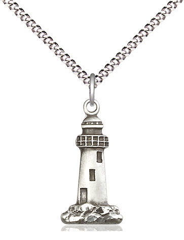 Sterling Silver Lighthouse Pendant on a 18 inch Light Rhodium Light Curb chain