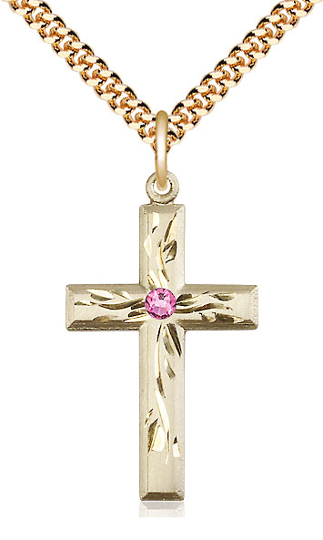 14kt Gold Filled Cross Pendant with a 3mm Rose Swarovski stone on a 24 inch Gold Plate Heavy Curb chain