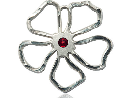 Sterling Silver Five Petal Flower Medal with a 3mm Garnet Swarovski stone