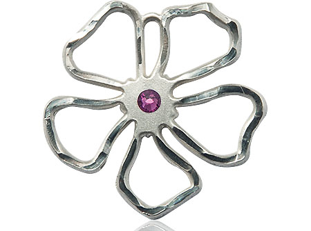 Sterling Silver Five Petal Flower Medal with a 3mm Amethyst Swarovski stone