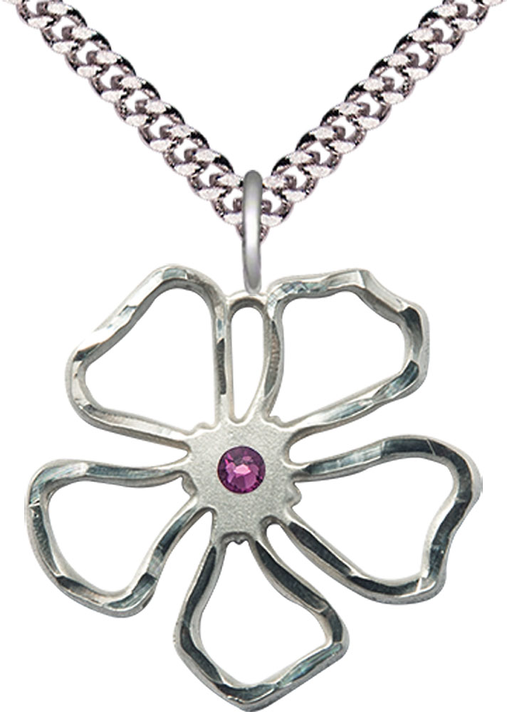Sterling Silver Five Petal Flower Pendant with a 3mm Amethyst Swarovski stone on a 24 inch Light Rhodium Heavy Curb chain
