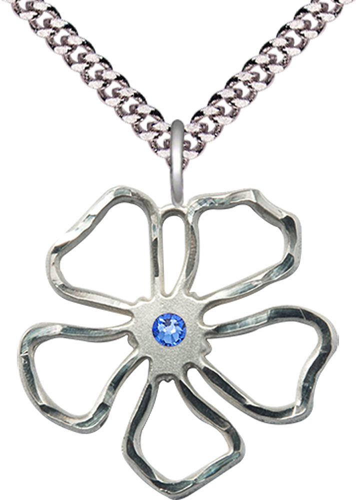 Sterling Silver Five Petal Flower Pendant with a 3mm Sapphire Swarovski stone on a 24 inch Light Rhodium Heavy Curb chain