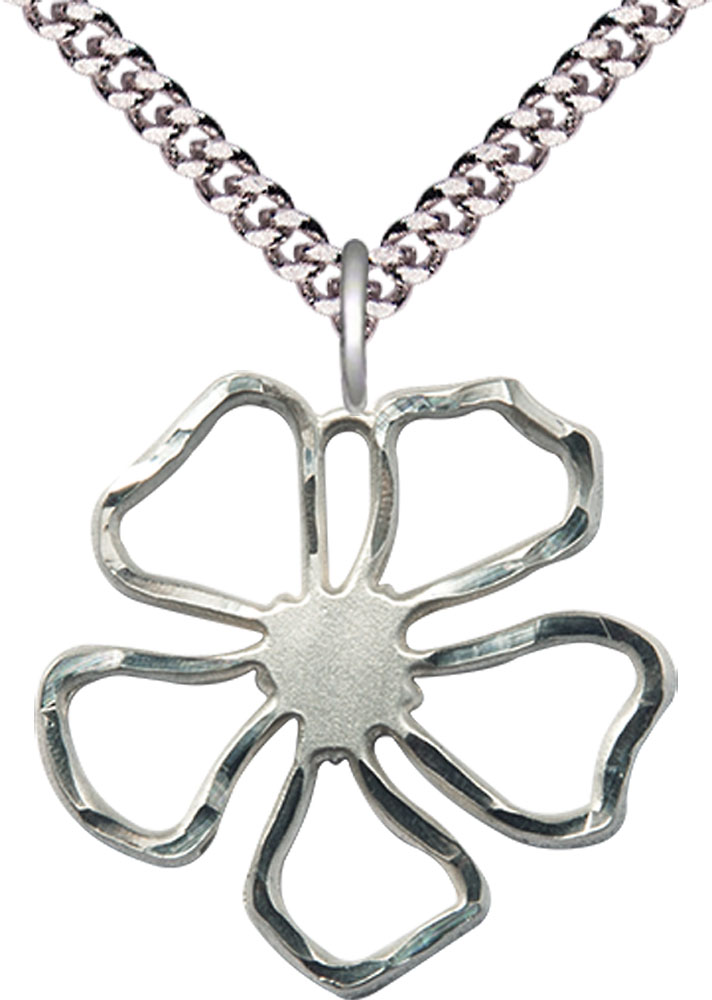 Sterling Silver Five Petal Flower Pendant on a 24 inch Light Rhodium Heavy Curb chain