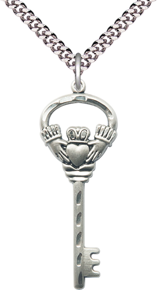Sterling Silver Key w/Claddagh Pendant on a 24 inch Light Rhodium Heavy Curb chain