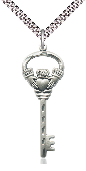 Sterling Silver Key w/Claddagh Pendant on a 24 inch Light Rhodium Heavy Curb chain
