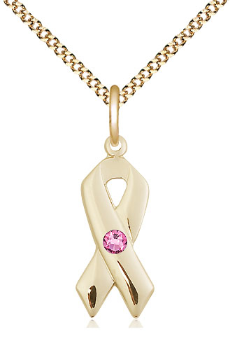 14kt Gold Filled Cancer Awareness Pendant with a 3mm Rose Swarovski stone on a 18 inch Gold Plate Light Curb chain