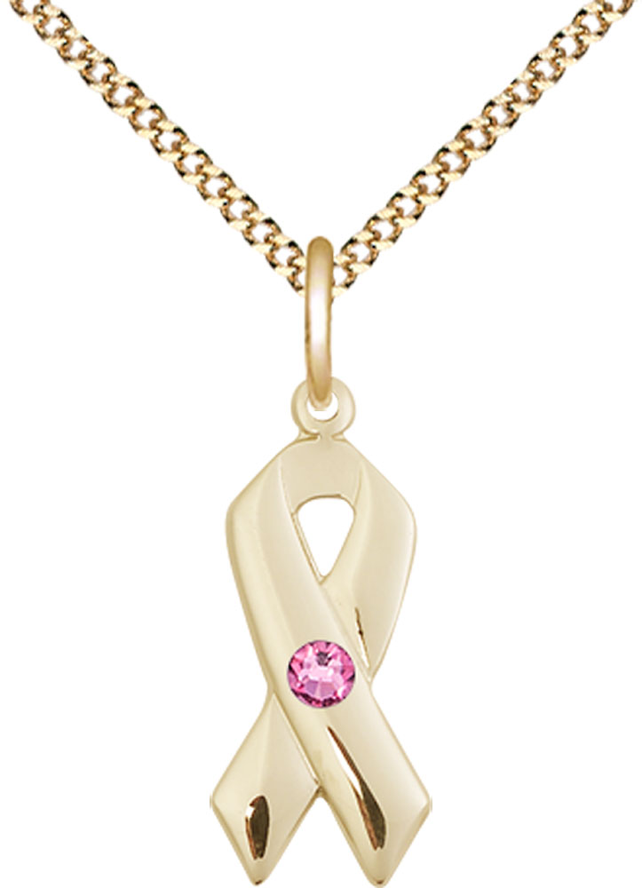 14kt Gold Filled Cancer Awareness Pendant with a 3mm Rose Swarovski stone on a 18 inch Gold Plate Light Curb chain