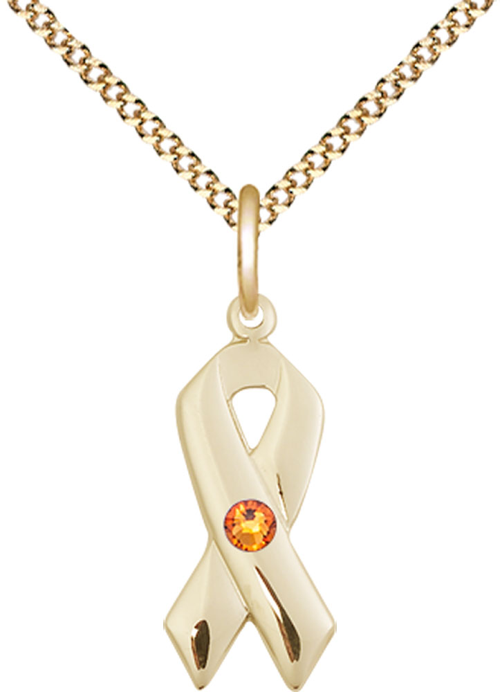 14kt Gold Filled Cancer Awareness Pendant with a 3mm Topaz Swarovski stone on a 18 inch Gold Plate Light Curb chain