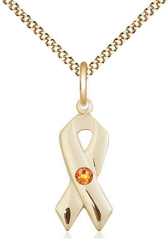 14kt Gold Filled Cancer Awareness Pendant with a 3mm Topaz Swarovski stone on a 18 inch Gold Plate Light Curb chain