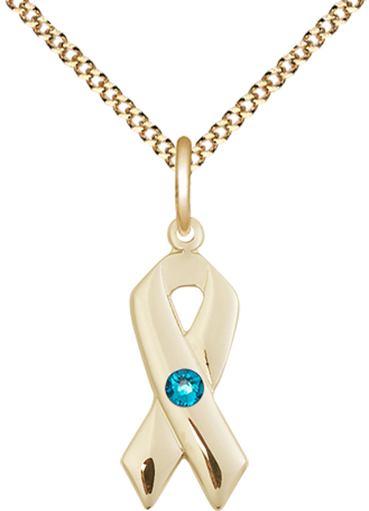 14kt Gold Filled Cancer Awareness Pendant with a 3mm Zircon Swarovski stone on a 18 inch Gold Plate Light Curb chain