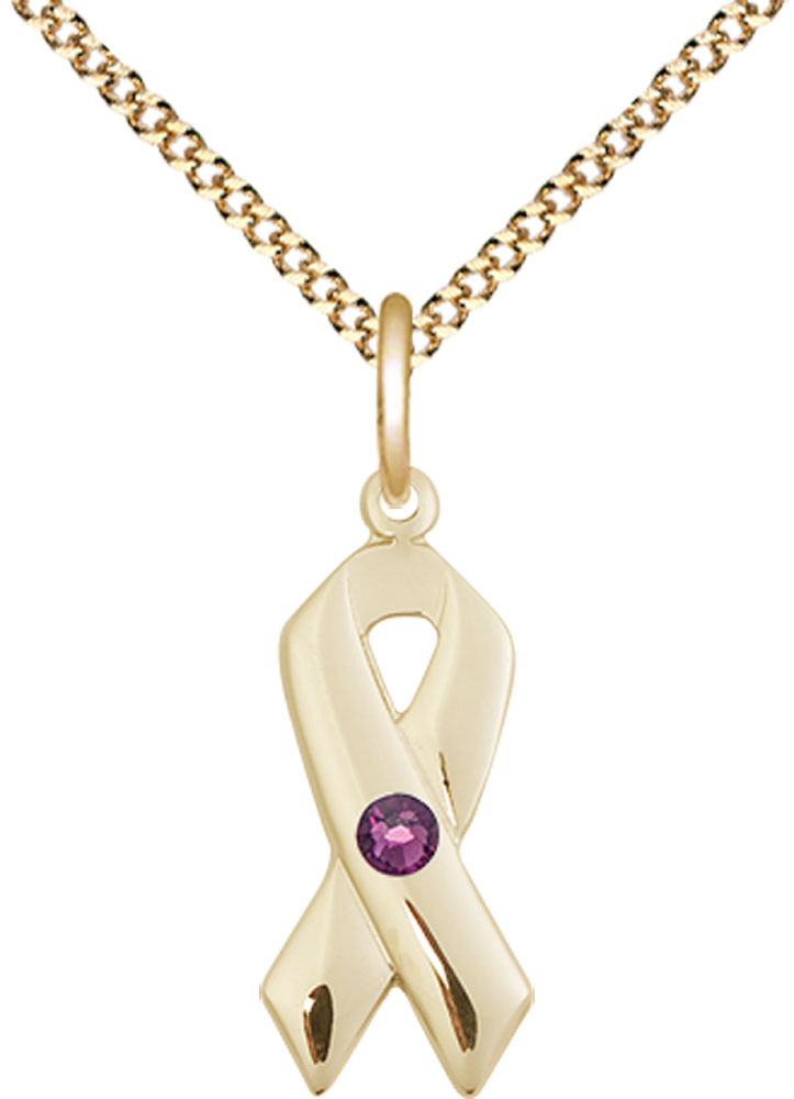 14kt Gold Filled Cancer Awareness Pendant with a 3mm Amethyst Swarovski stone on a 18 inch Gold Plate Light Curb chain