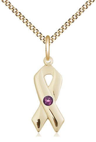 14kt Gold Filled Cancer Awareness Pendant with a 3mm Amethyst Swarovski stone on a 18 inch Gold Plate Light Curb chain