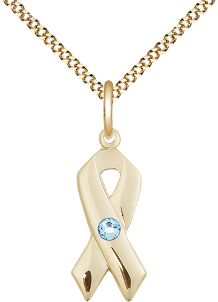 14kt Gold Filled Cancer Awareness Pendant with a 3mm Aqua Swarovski stone on a 18 inch Gold Plate Light Curb chain
