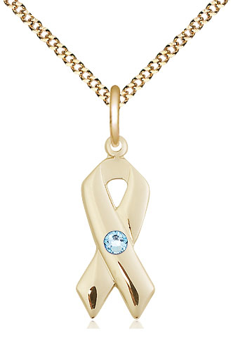 14kt Gold Filled Cancer Awareness Pendant with a 3mm Aqua Swarovski stone on a 18 inch Gold Plate Light Curb chain