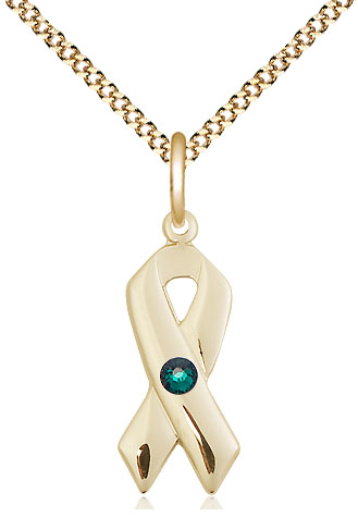 14kt Gold Filled Cancer Awareness Pendant with a 3mm Emerald Swarovski stone on a 18 inch Gold Plate Light Curb chain
