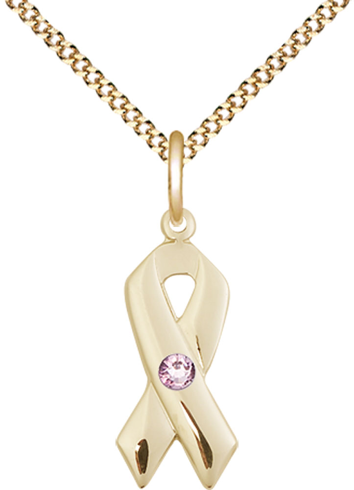 14kt Gold Filled Cancer Awareness Pendant with a 3mm Light Amethyst Swarovski stone on a 18 inch Gold Plate Light Curb chain