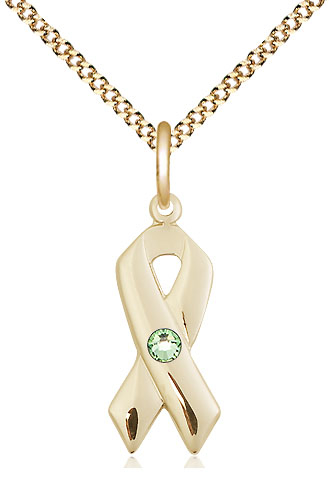 14kt Gold Filled Cancer Awareness Pendant with a 3mm Peridot Swarovski stone on a 18 inch Gold Plate Light Curb chain