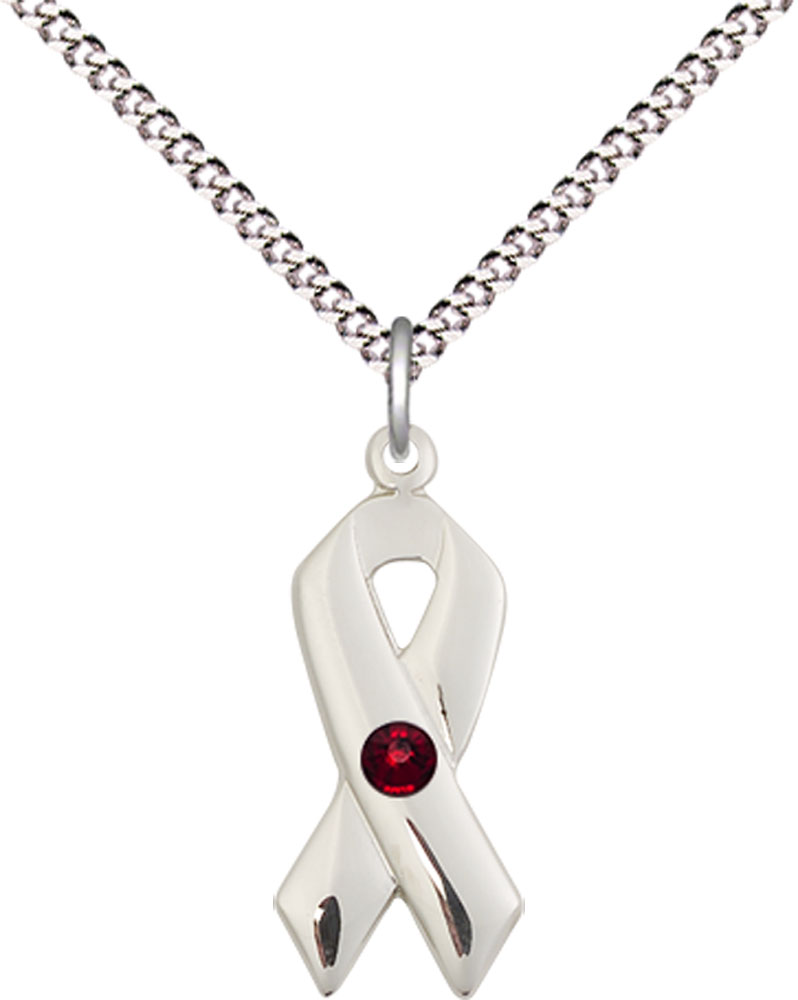 Sterling Silver Cancer Awareness Pendant with a 3mm Garnet Swarovski stone on a 18 inch Light Rhodium Light Curb chain