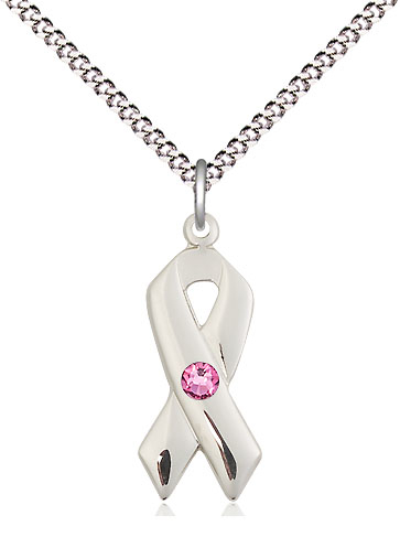 Sterling Silver Cancer Awareness Pendant with a 3mm Rose Swarovski stone on a 18 inch Light Rhodium Light Curb chain