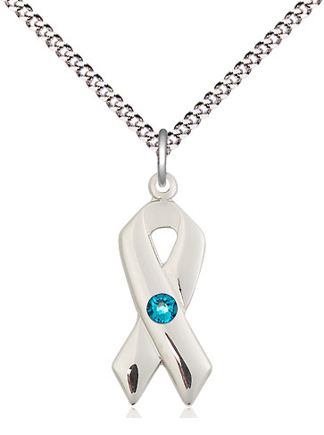 Sterling Silver Cancer Awareness Pendant with a 3mm Zircon Swarovski stone on a 18 inch Light Rhodium Light Curb chain