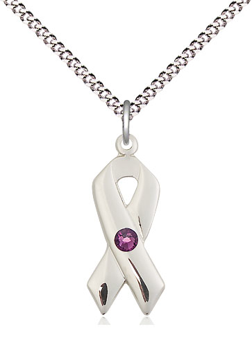 Sterling Silver Cancer Awareness Pendant with a 3mm Amethyst Swarovski stone on a 18 inch Light Rhodium Light Curb chain