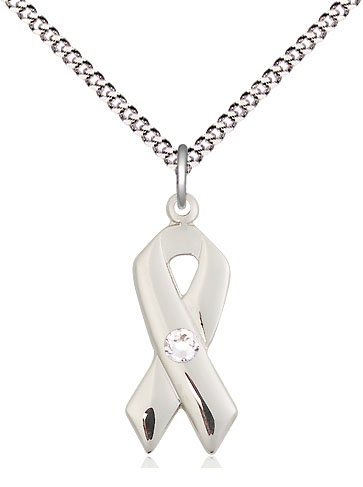 Sterling Silver Cancer Awareness Pendant with a 3mm Crystal Swarovski stone on a 18 inch Light Rhodium Light Curb chain