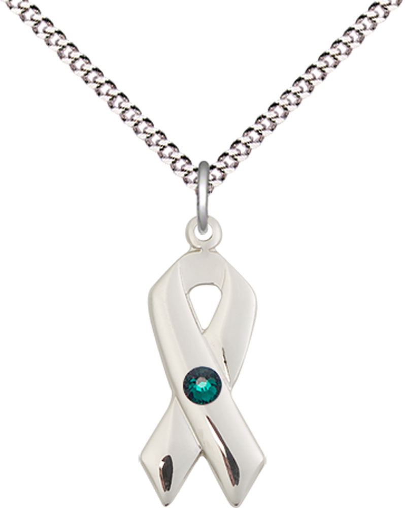 Sterling Silver Cancer Awareness Pendant with a 3mm Emerald Swarovski stone on a 18 inch Light Rhodium Light Curb chain